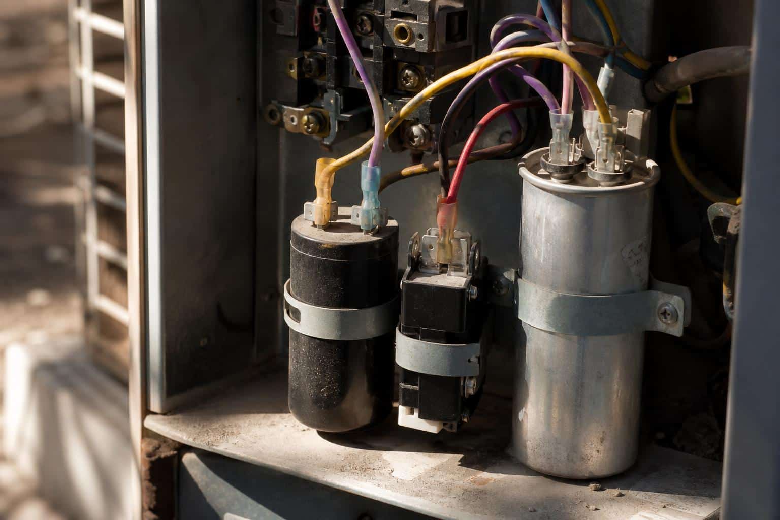 Hard start kit capacitor and relay mounted in the electrical compartment of an outdoor AC unit