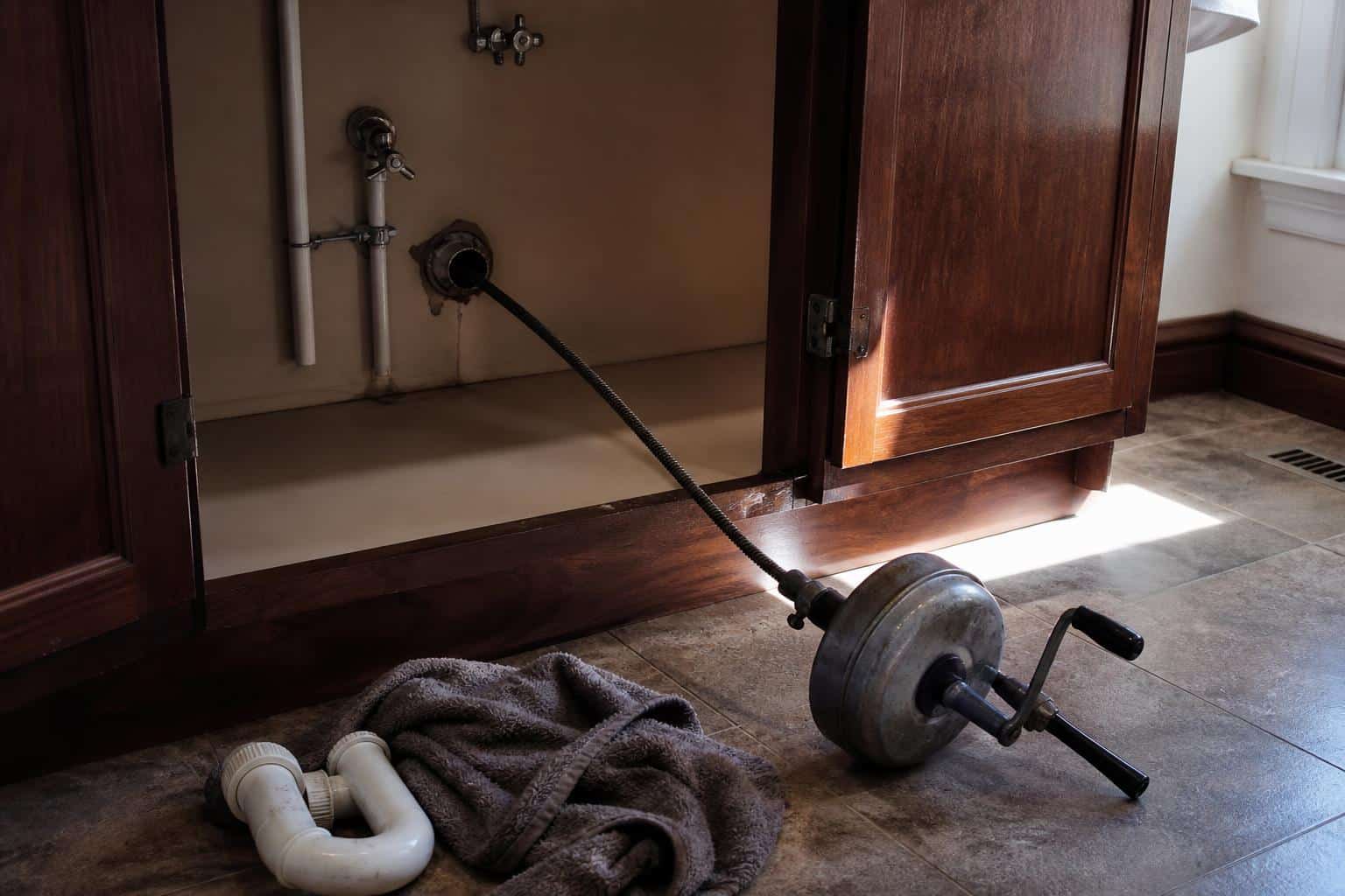 Drain auger cable being fed into a bathroom sink drain with the P-trap removed