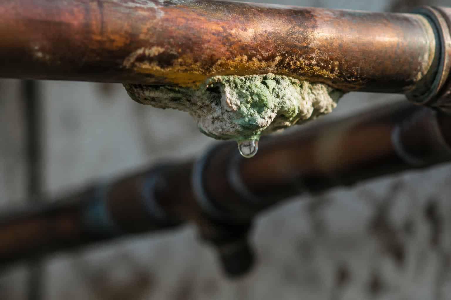 Green and white corrosion crust on a copper pipe marking a developing pinhole leak