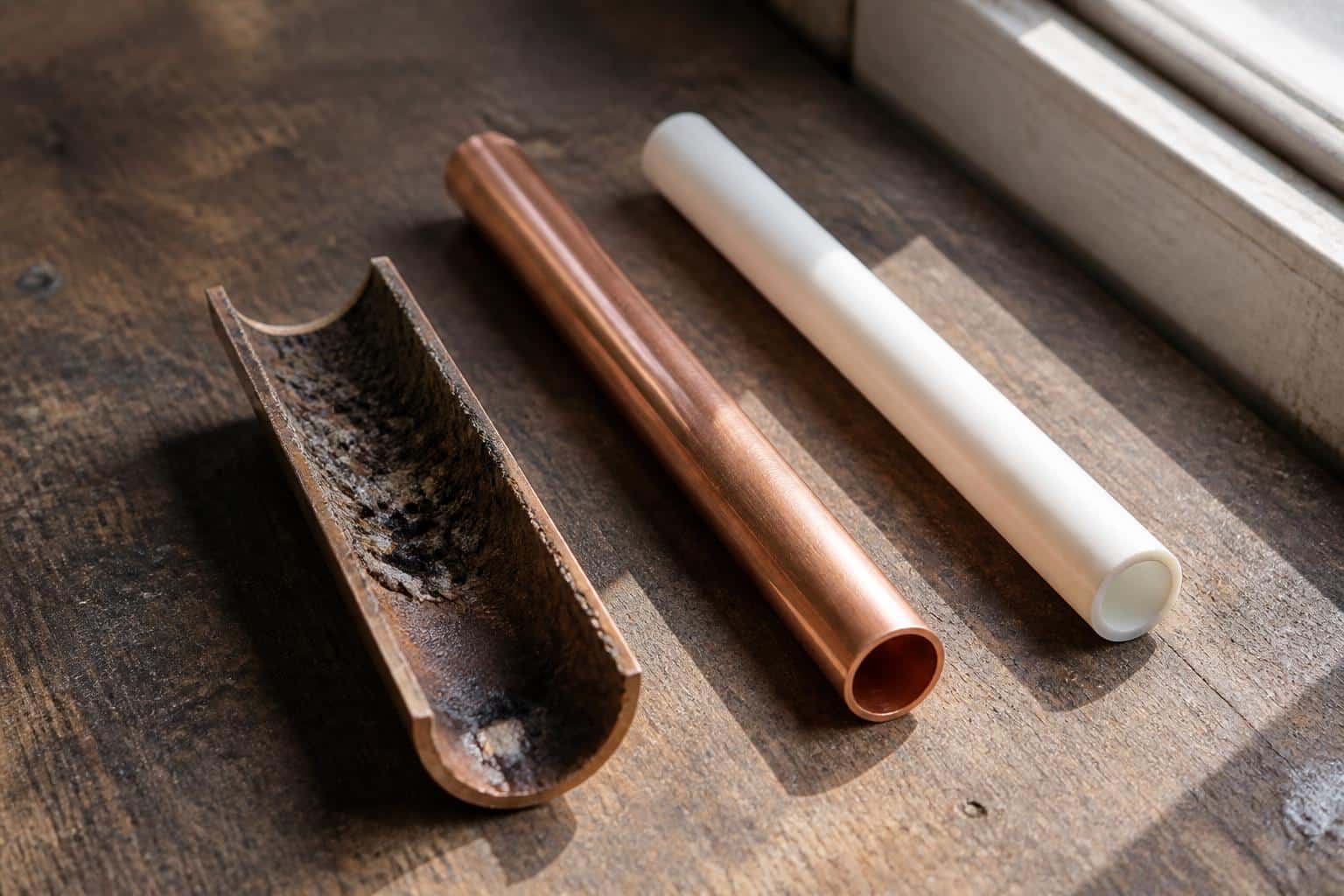 Cut-away section of old copper pipe showing interior pitting corrosion beside new replacement pipe