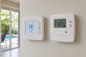 A digital thermostat and separate digital humidistat mounted side by side in a Florida home