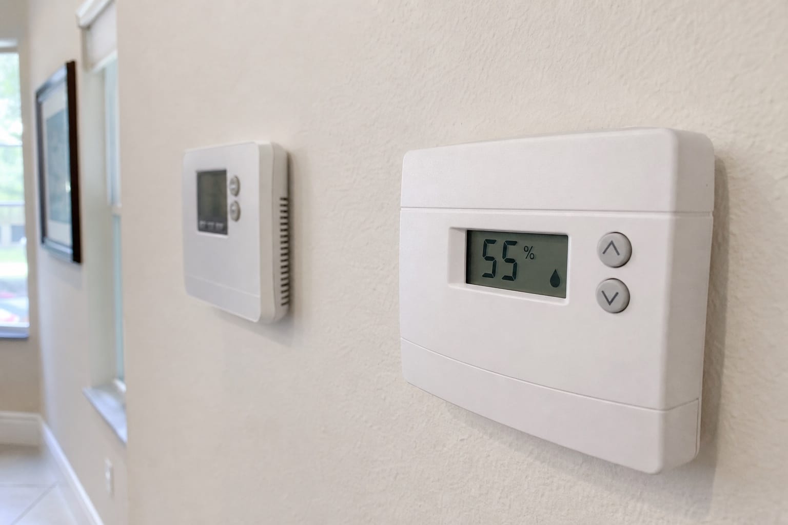 Wall mounted humidistat control beside a digital thermostat in a Melbourne FL home