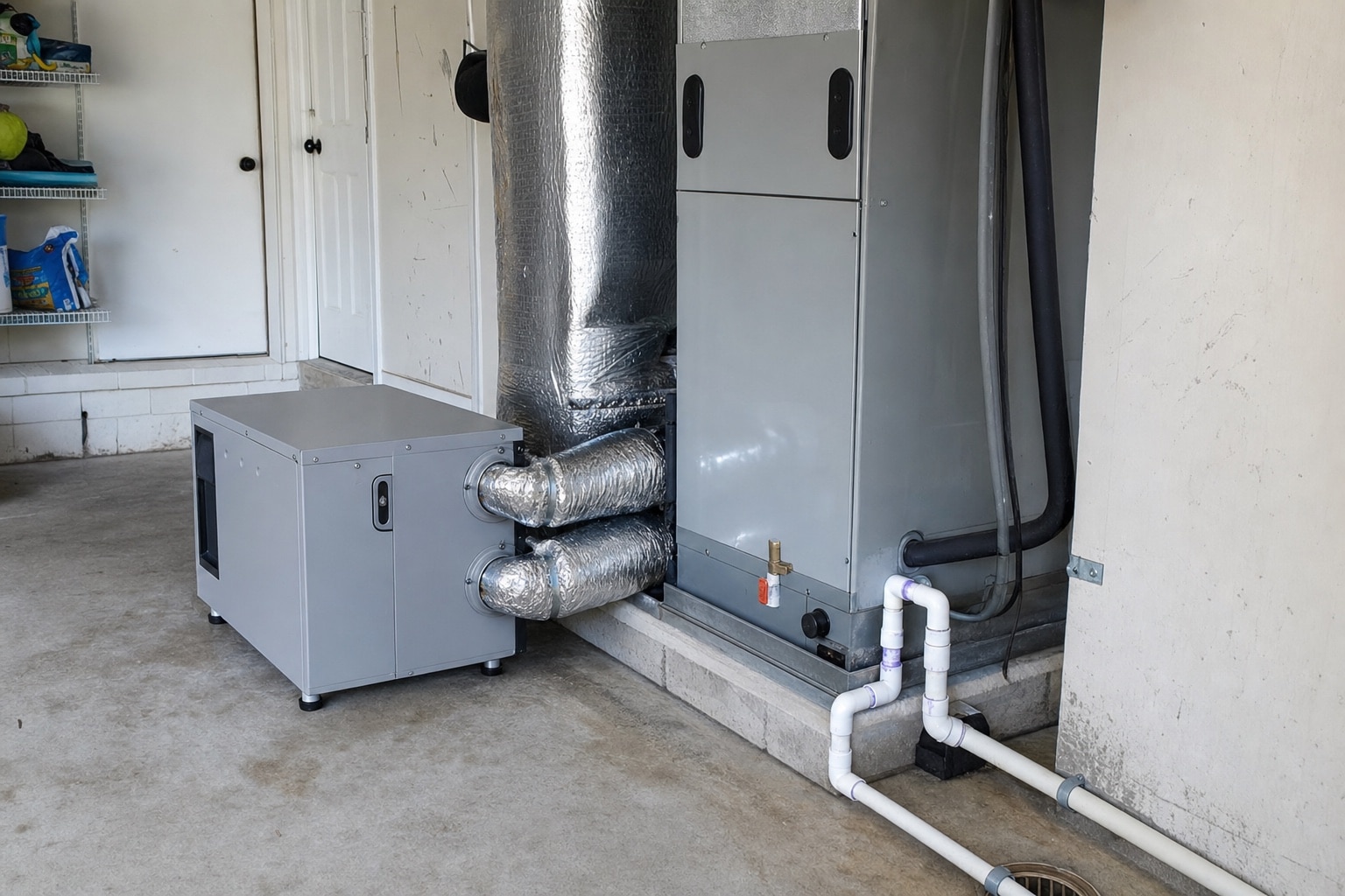 Whole home dehumidifier ducted beside a residential air handler in a Florida garage