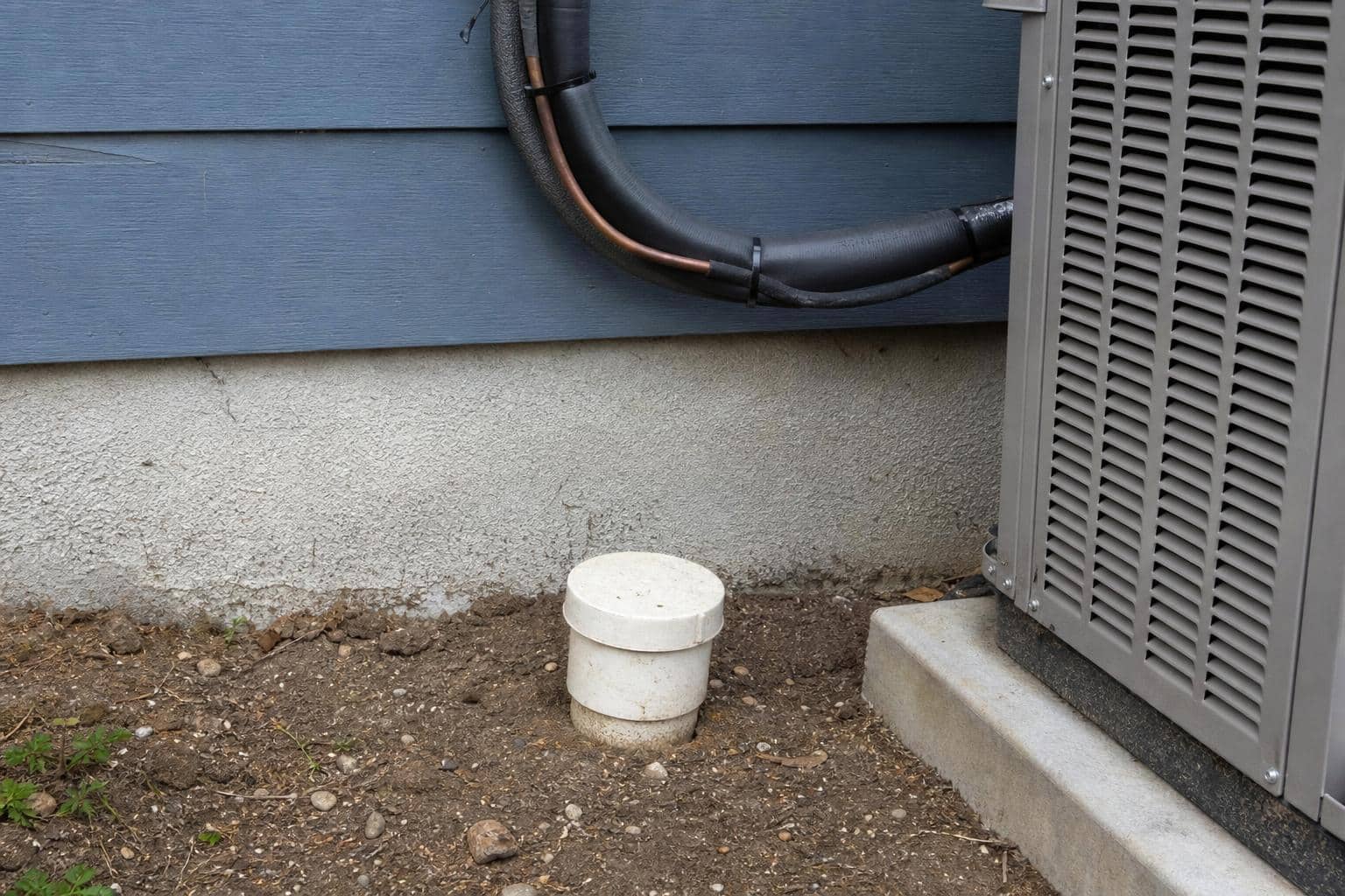 Exposed PVC sewer cleanout cap at ground level next to a home's exterior foundation
