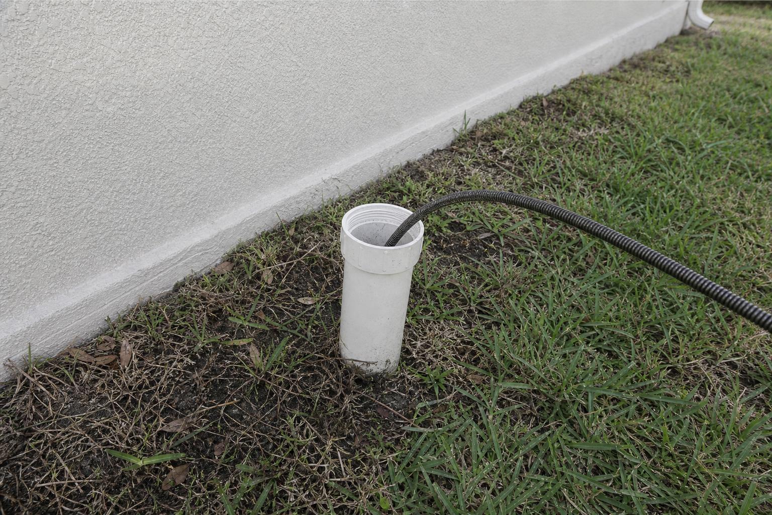 Plumber using a drain snake through an open sewer cleanout at a residential home