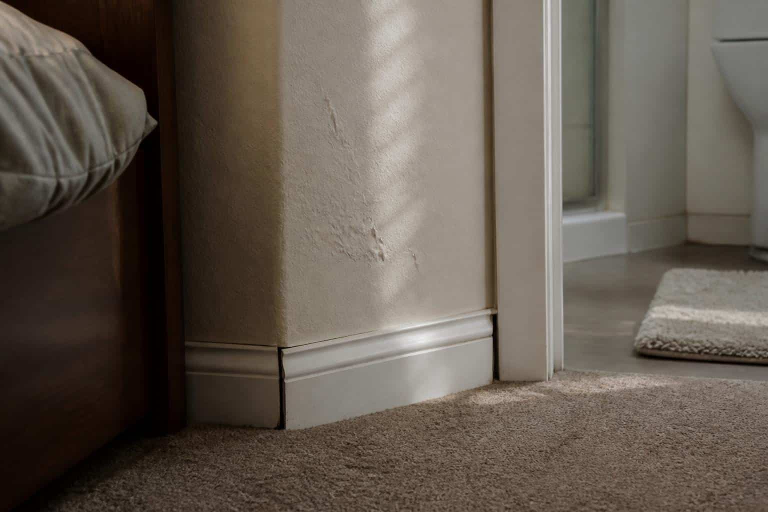Swollen baseboard and bubbling paint on the wall adjacent to a shower indicating hidden moisture