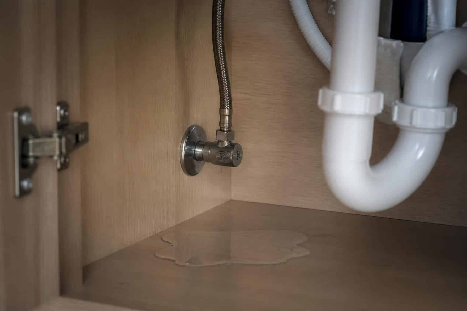 Phone app style flow monitoring beside a burst braided supply hose under a sink
