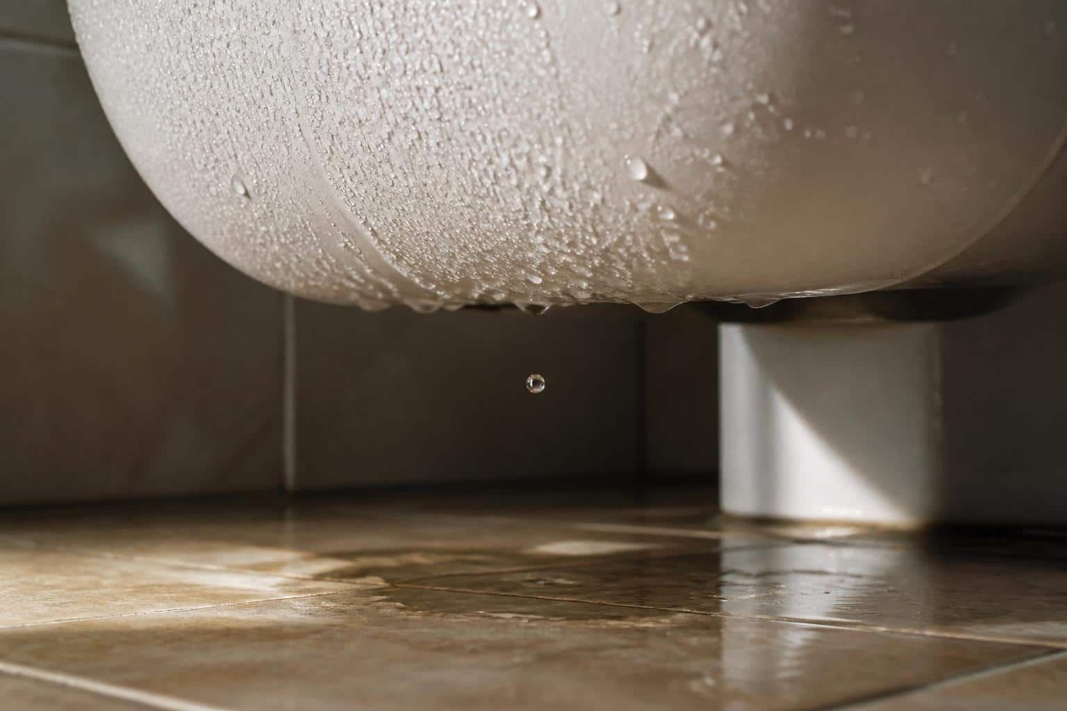 Condensation beading on a toilet tank and dripping toward the bathroom floor