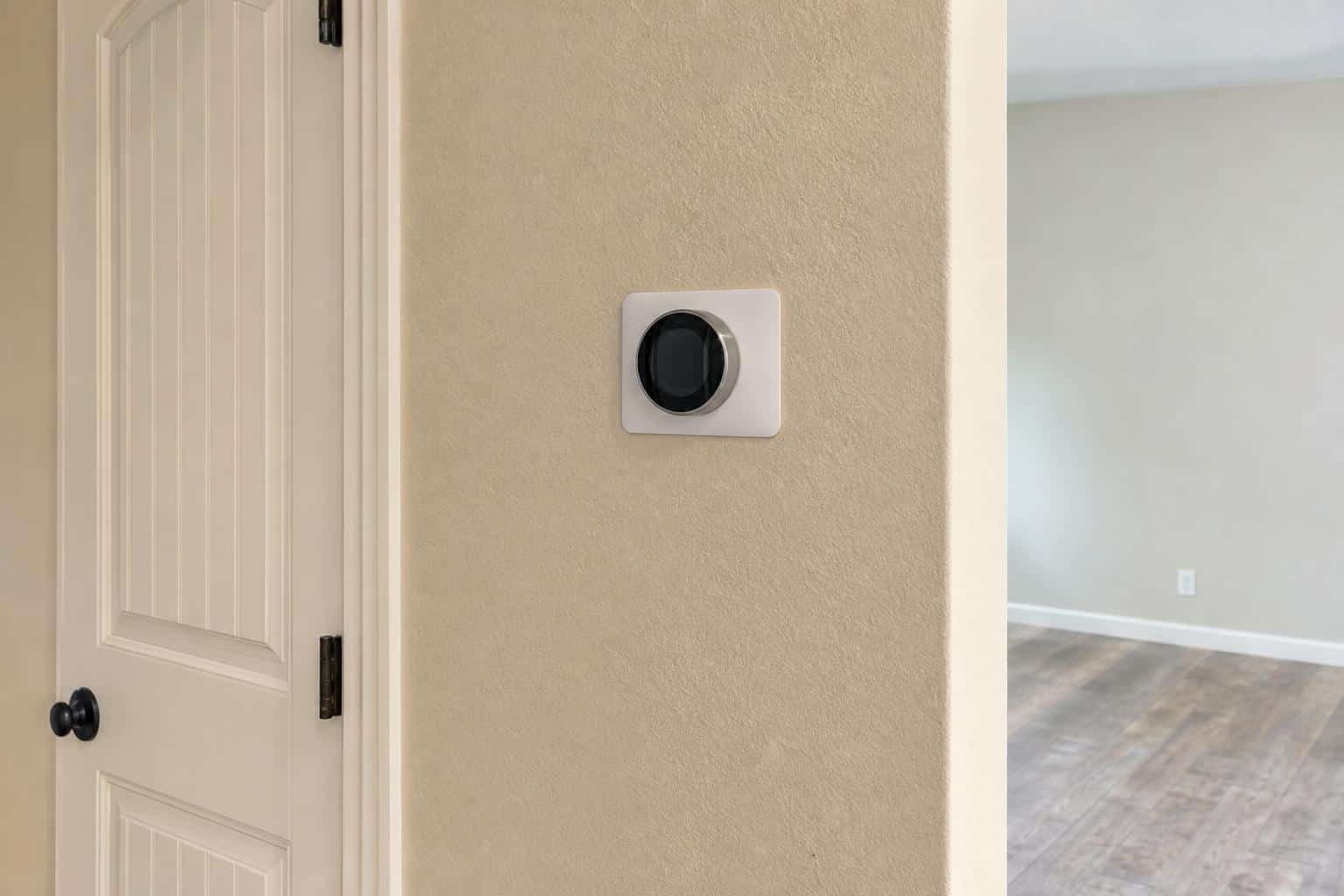Thermostat mounted on a central interior wall in a Florida home hallway