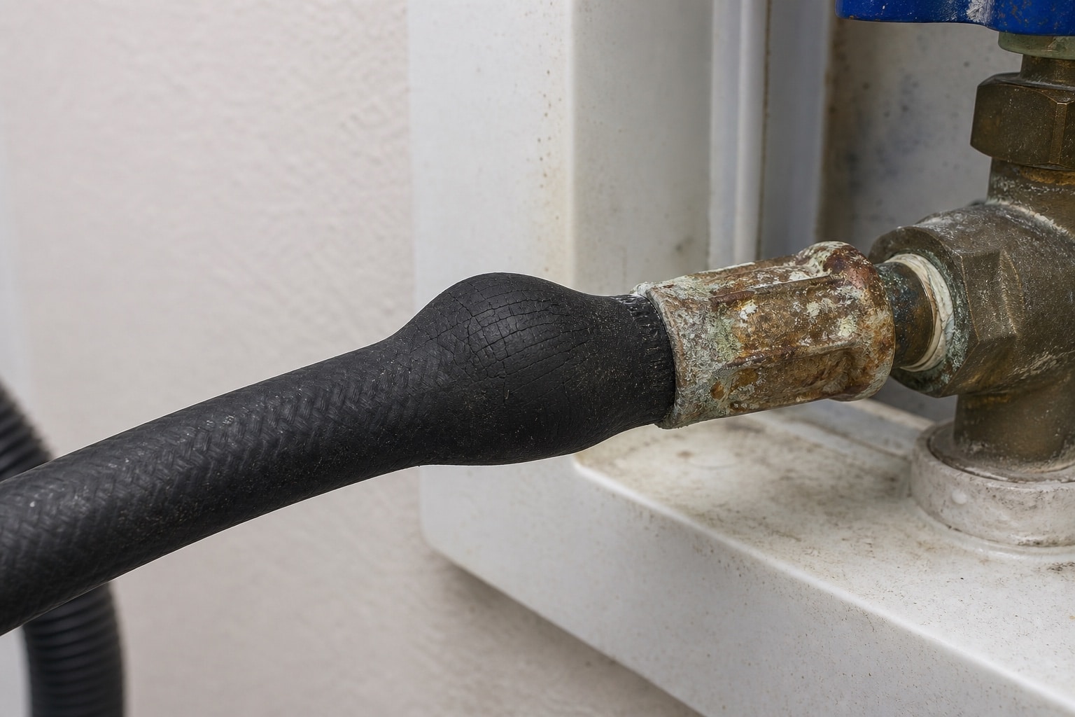 A bulging rubber washing machine supply hose with corrosion at the brass coupling