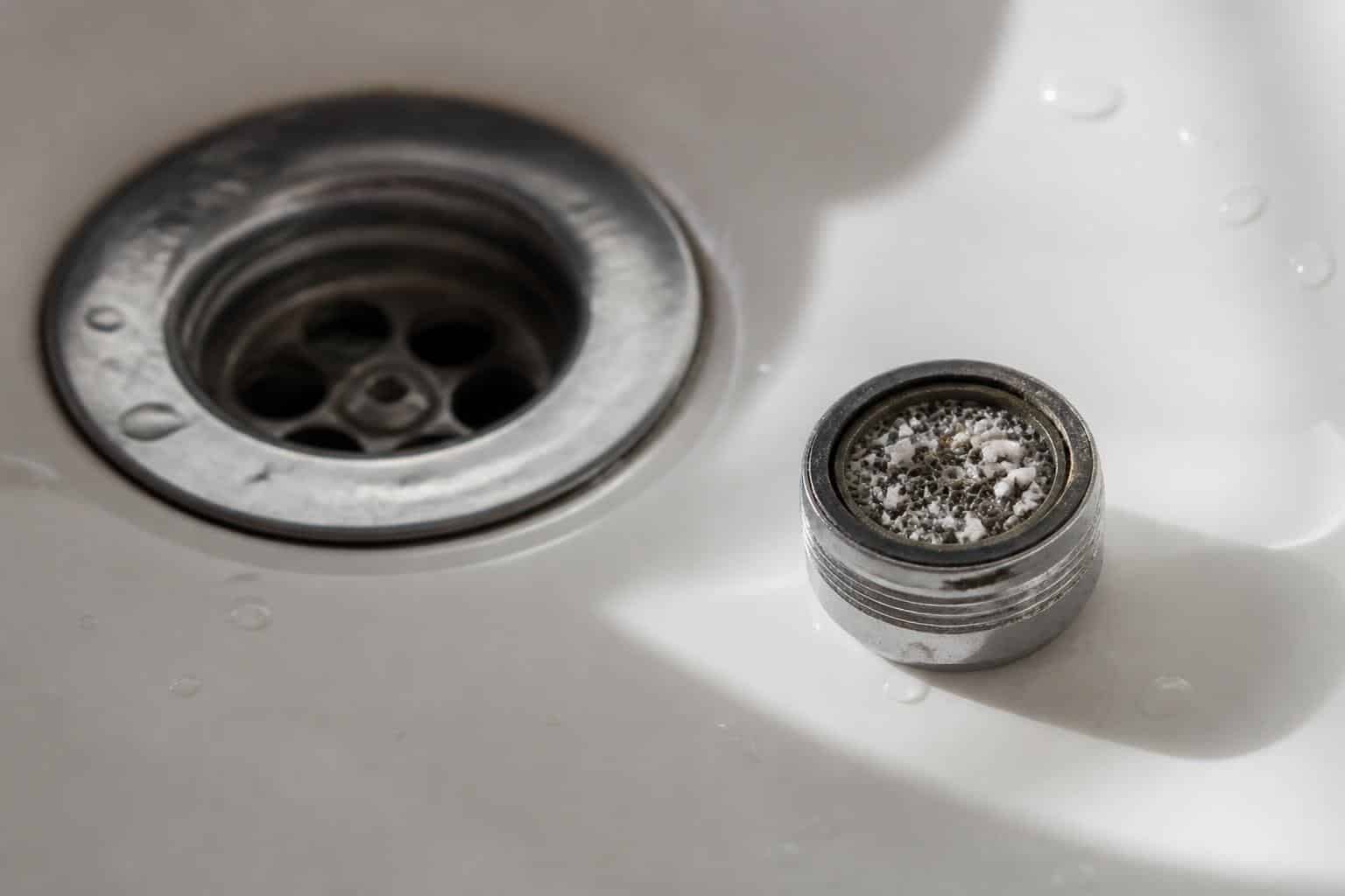White plastic dip tube fragments collected in a faucet aerator screen from a failing water heater