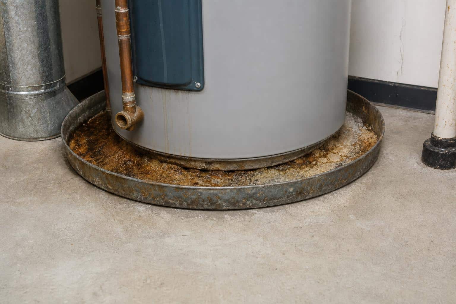 Corroded water heater drain pan with no drain line showing mineral deposits inside