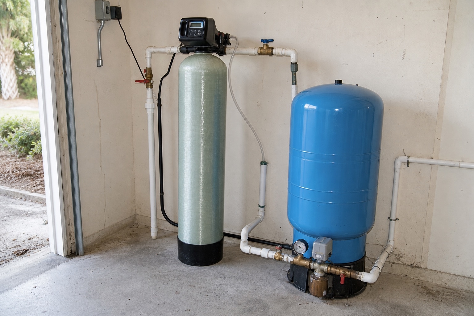 Backwashing iron filter connected beside a well pressure tank with a pressure gauge and control tee