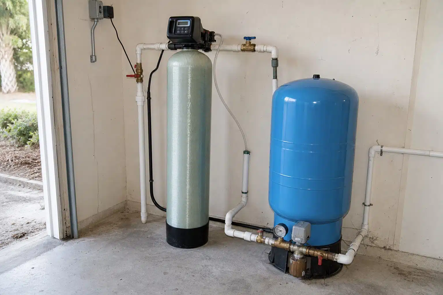 Backwashing iron filter connected beside a well pressure tank with a pressure gauge and control tee