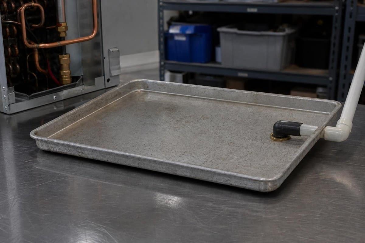 Shallow metal condensate pan on a workbench