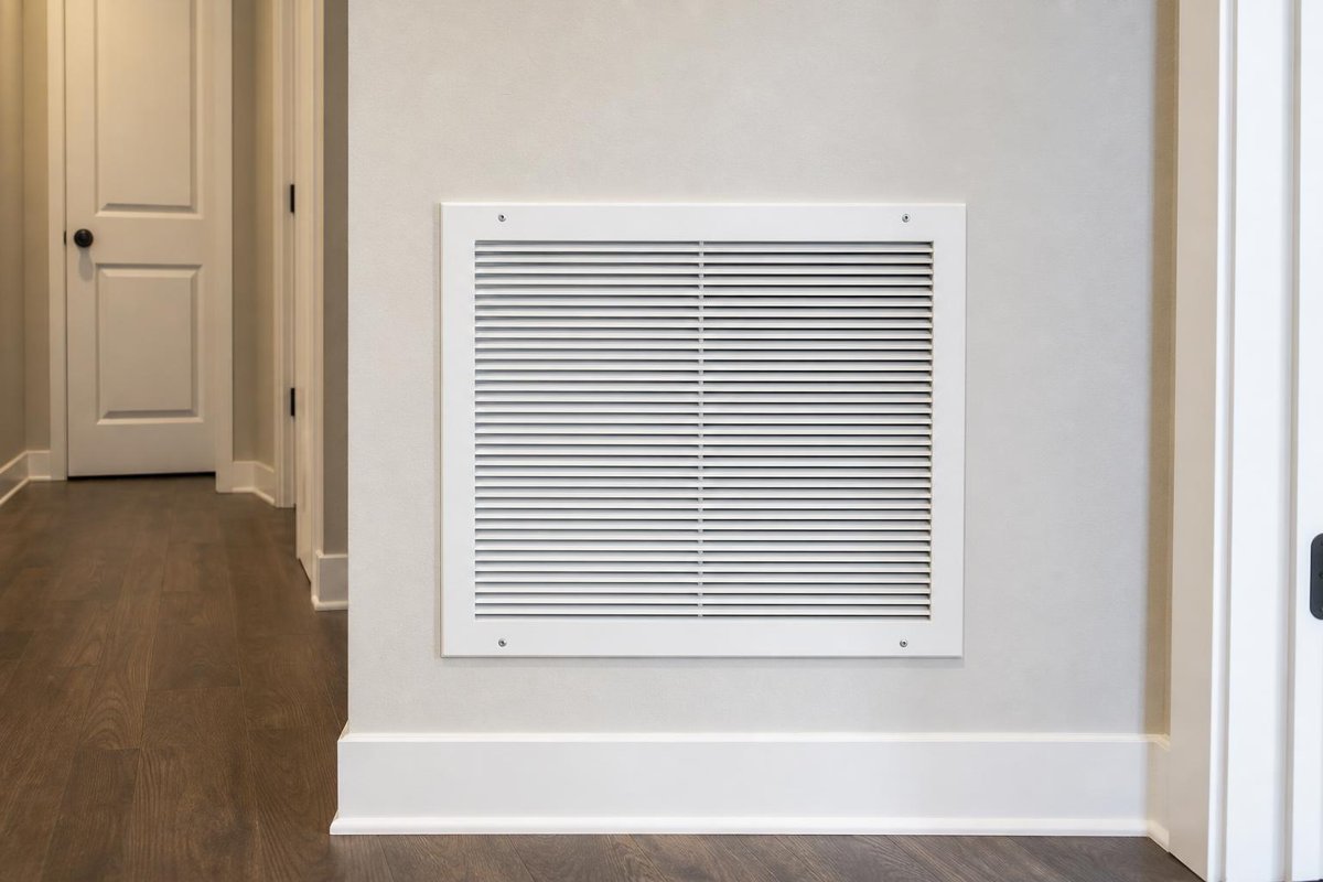 Return air grille in a residential hallway