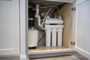 An under-sink reverse osmosis water filtration system installed in a modern Florida kitchen cabinet, visible filter canisters and tubing, clean and organized, soft daylight, no readable text, no.