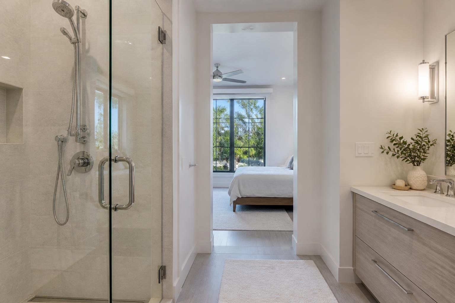 A clean glass shower door and chrome fixtures free of mineral scale in a Florida bathroom, bright natural light, no readable text, no brand logos, no people's faces