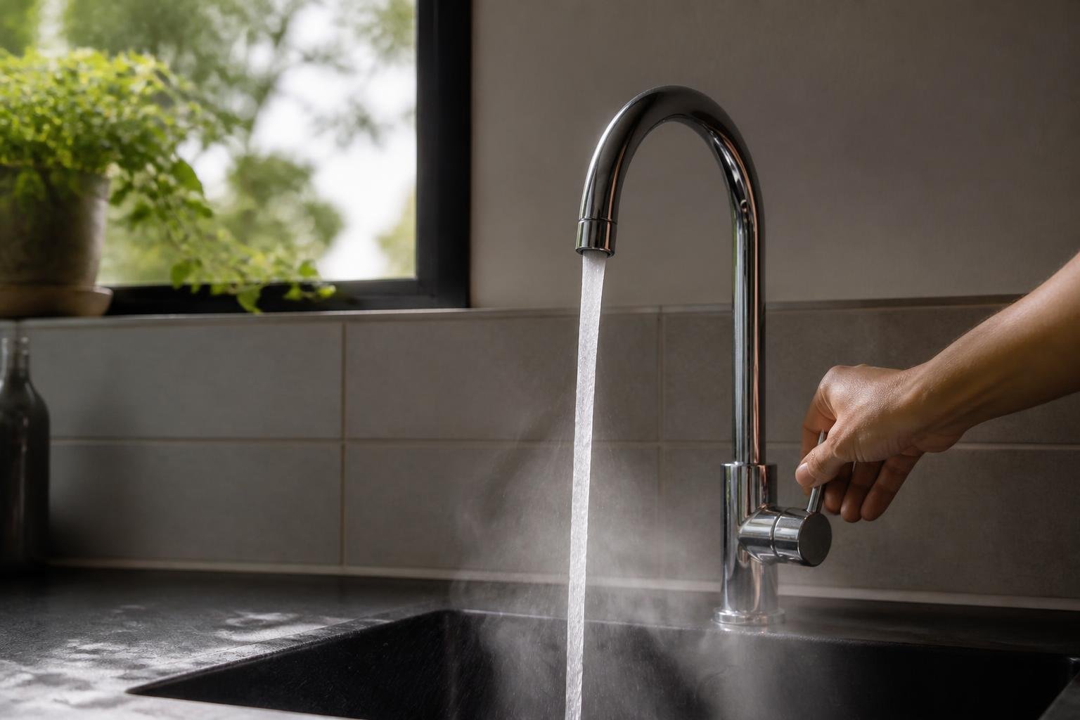 A hand adjusting a kitchen or bathroom faucet handle with visible steam rising from warm running water, bright natural light, no readable text, no brand logos, no people's faces