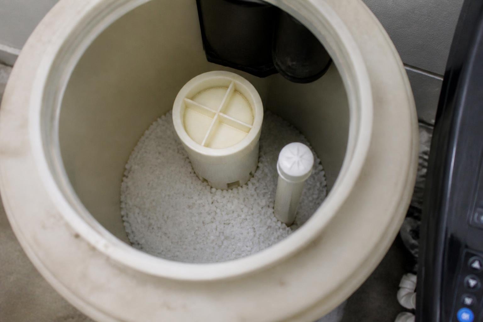 Close-up view looking down into an open water softener brine tank showing salt pellets, natural daylight, no readable text, no brand logos, no people's faces