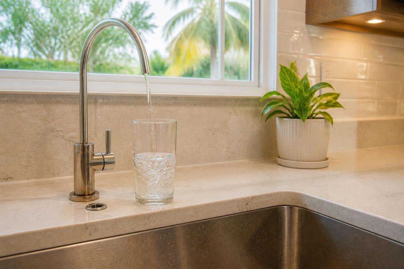 A glass of clear drinking water being filled from a small dedicated reverse osmosis faucet at a kitchen sink in a Florida home, bright natural light, no readable text, no brand logos, no people's.