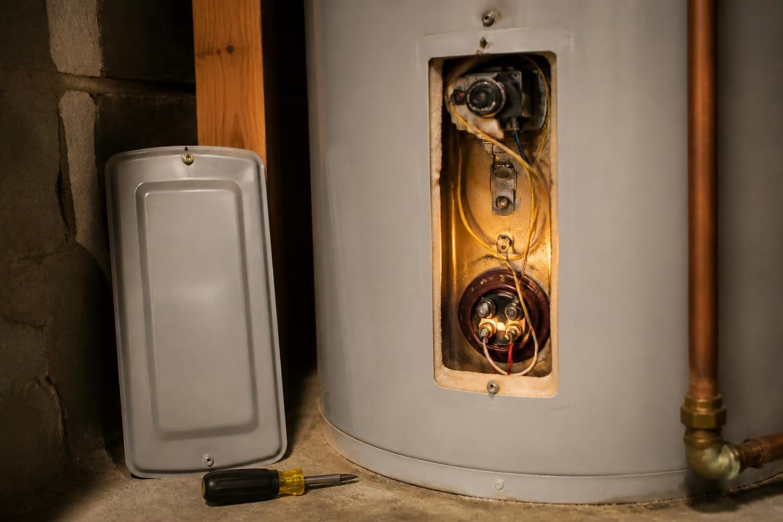 Close-up of an electric water heater's side access panel open, revealing the heating element and thermostat wiring, warm interior lighting, no readable text, no brand logos, no people's faces