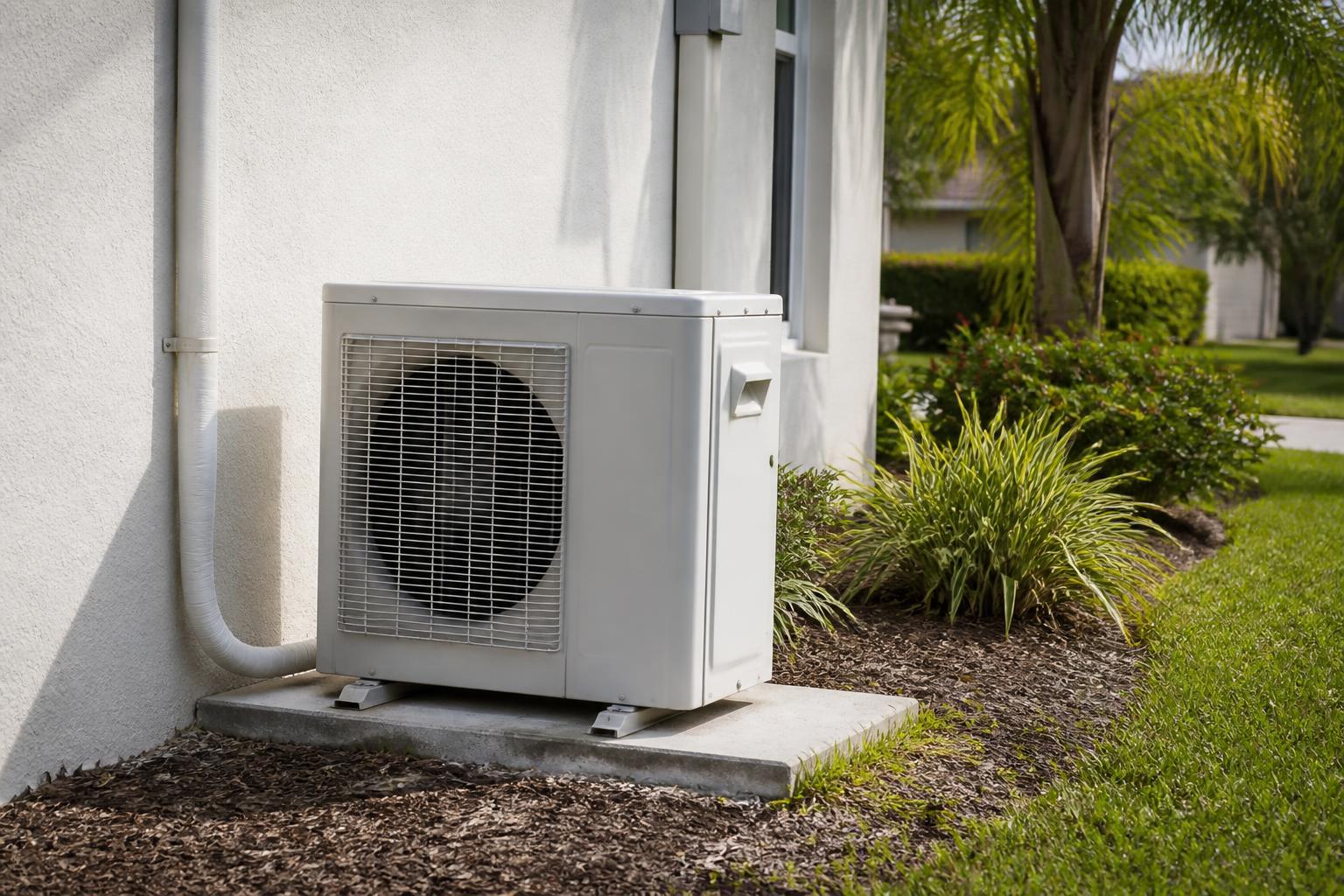 An outdoor ductless mini-split condenser unit mounted beside a Florida home with clear landscaping and a visible insulated refrigerant line set, daytime light, no readable text, no brand logos, no.