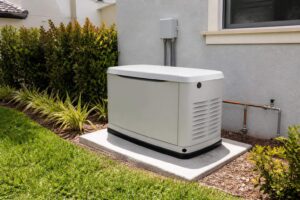 An outdoor whole-home standby generator installed on a concrete pad beside a Florida house with a visible copper gas supply line running to it, landscaped yard, daytime natural light, no readable.