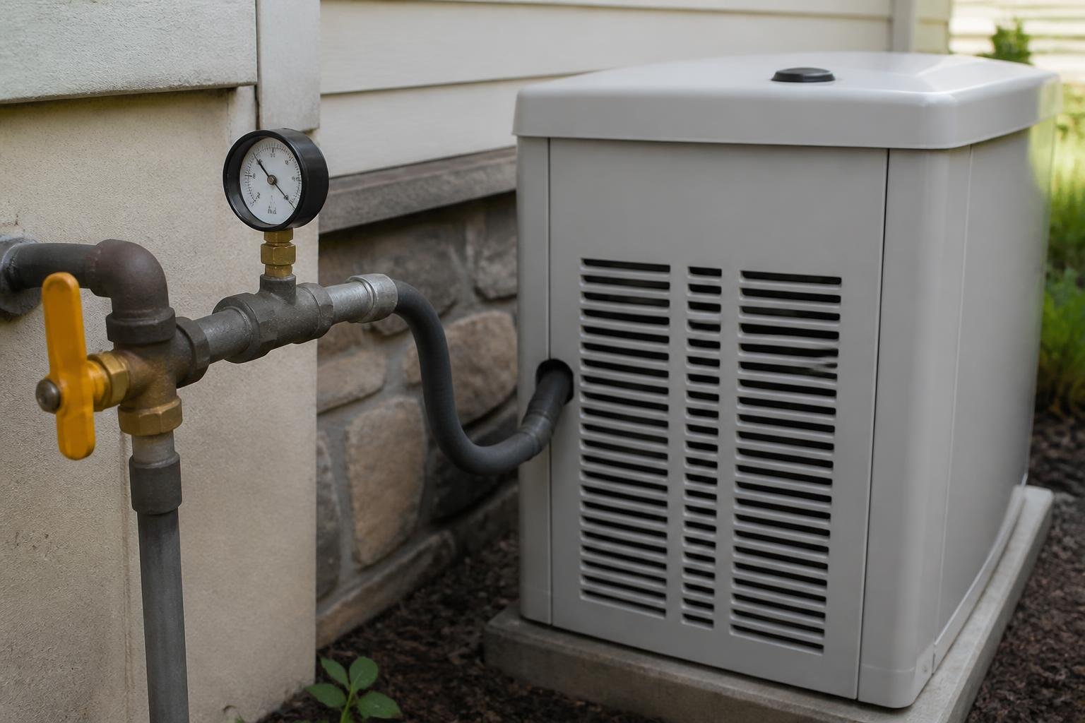Close-up of a gas line shutoff valve and pressure gauge mounted near an outdoor generator unit, natural daylight, no readable text, no brand logos, no people's faces