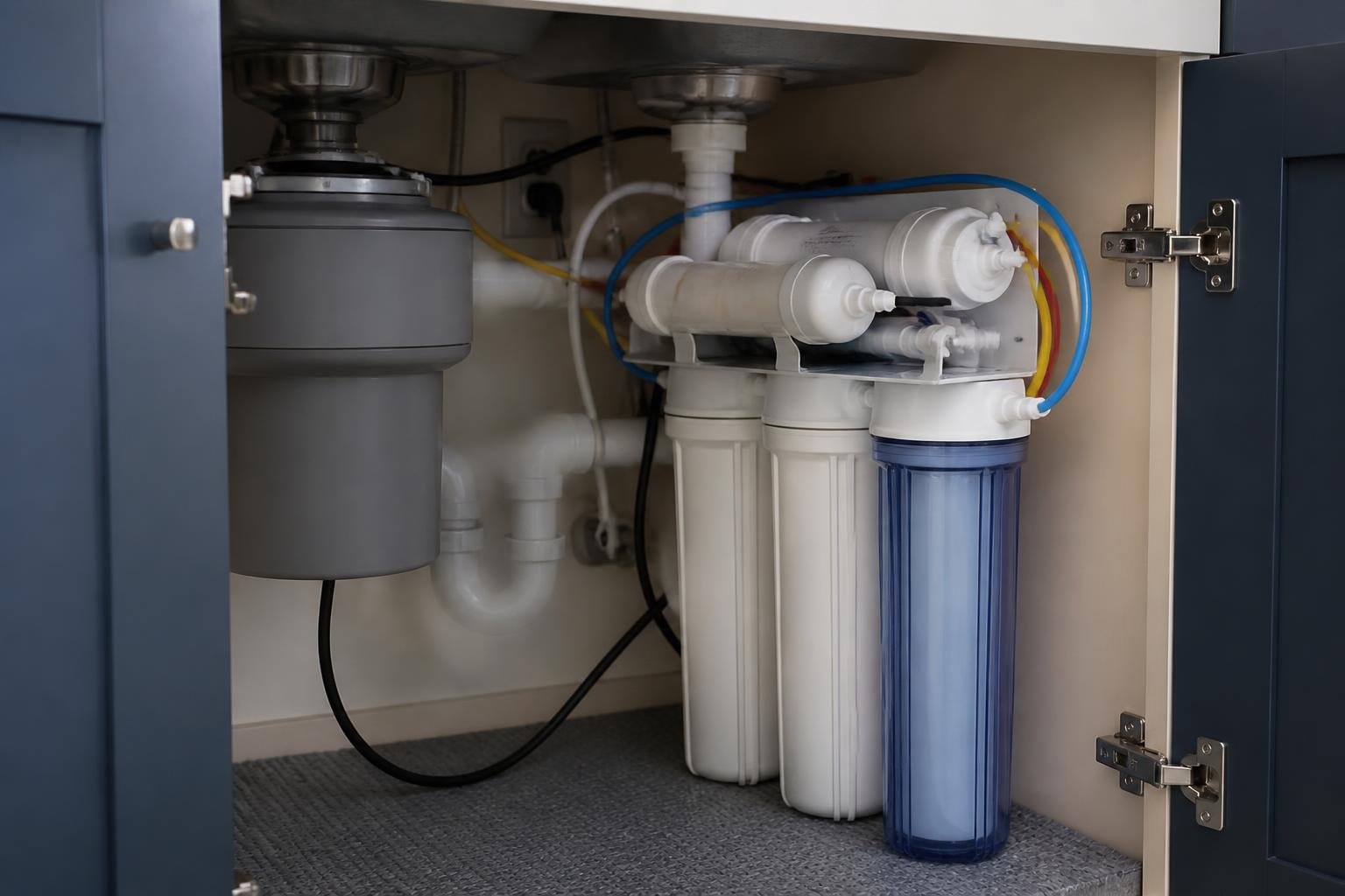 Close-up of reverse osmosis filter cartridges and membrane housing mounted under a kitchen sink, natural light, no readable text, no brand logos, no people's faces