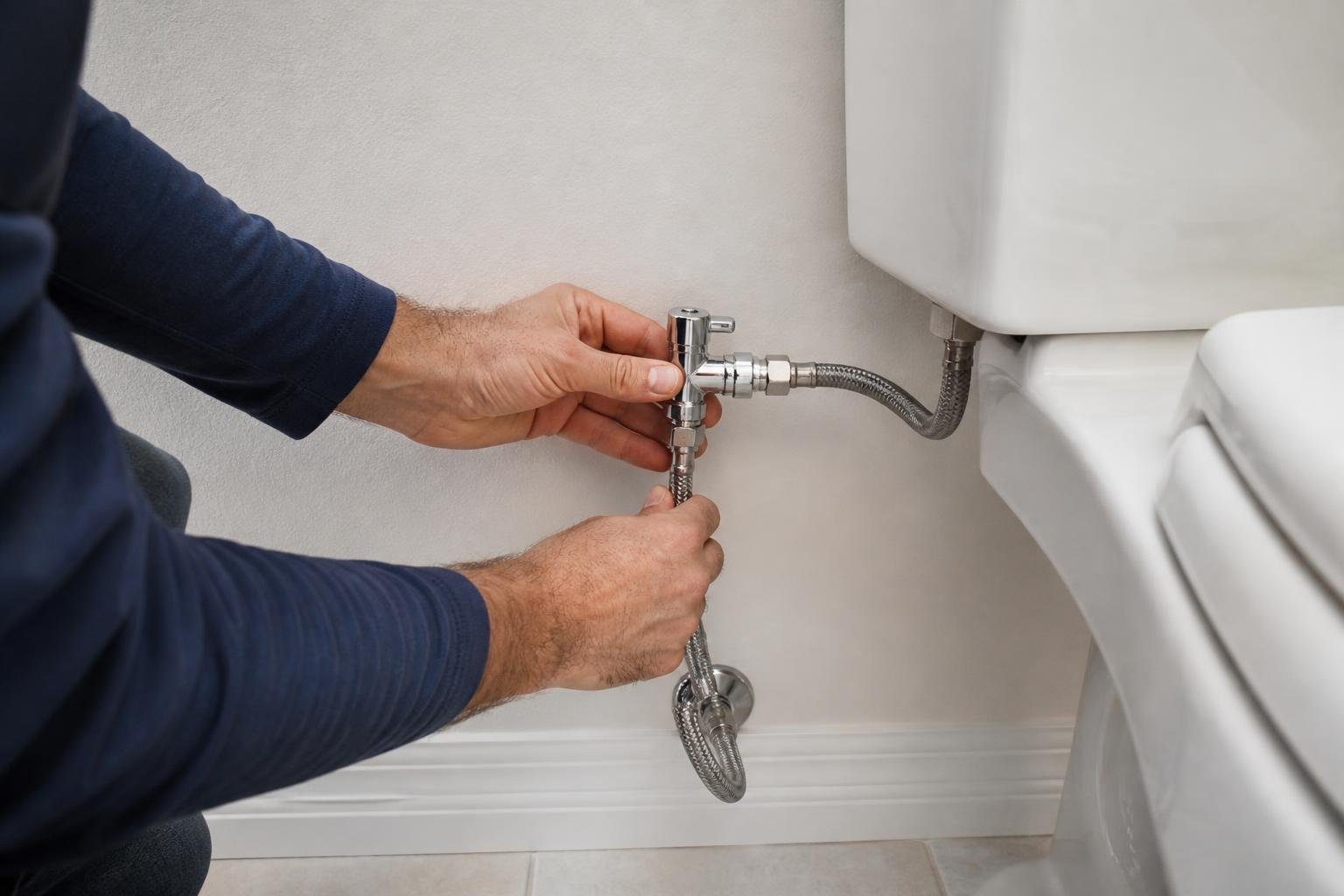 Close-up of a plumber's hands connecting a T-valve bidet attachment to a toilet water supply line in a bright Florida bathroom, natural light, no readable text, no brand logos, no people's faces