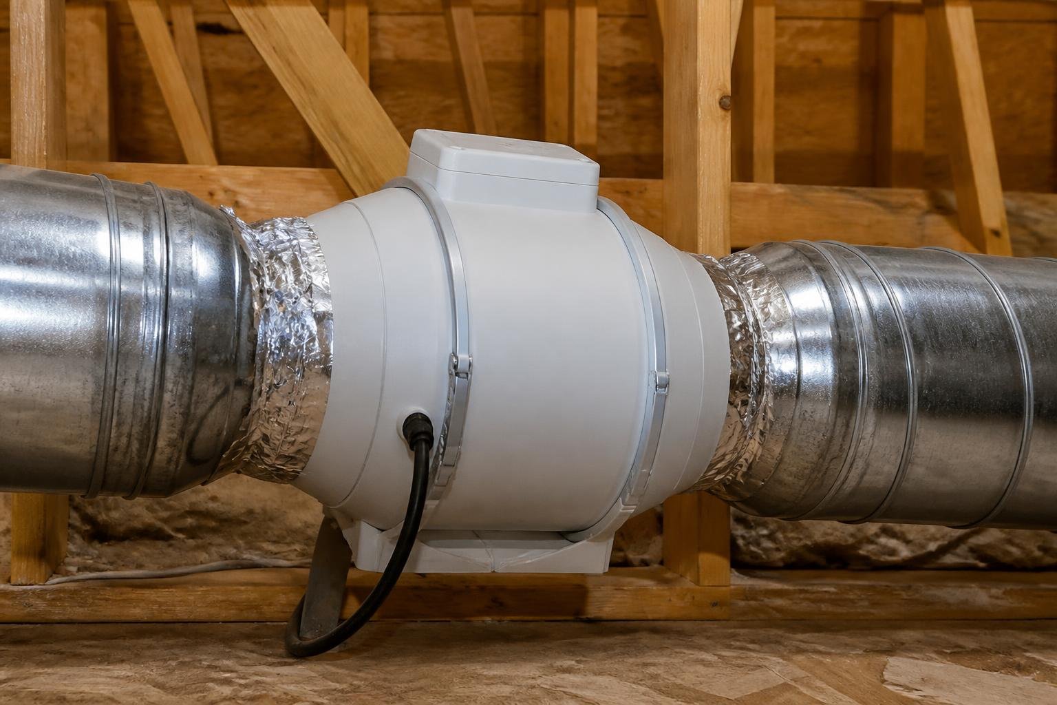 Close-up of an inline duct booster fan installed within round metal ductwork in an attic, warm ambient light, no readable text, no brand logos, no people's faces