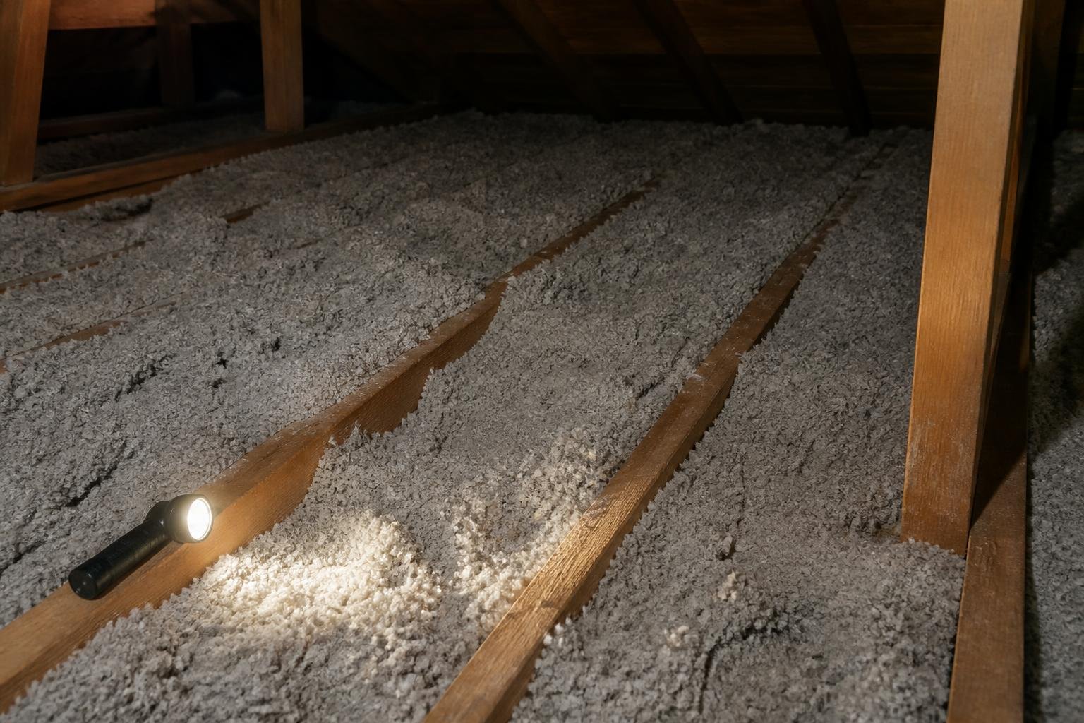 Close-up of attic insulation being measured against a joist in a Florida home, natural attic light, no readable text, no brand logos, no people's faces