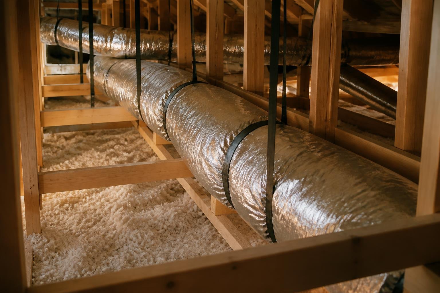 A sealed and wrapped flexible air duct running through a Florida attic space, warm ambient light, no readable text, no brand logos, no people's faces