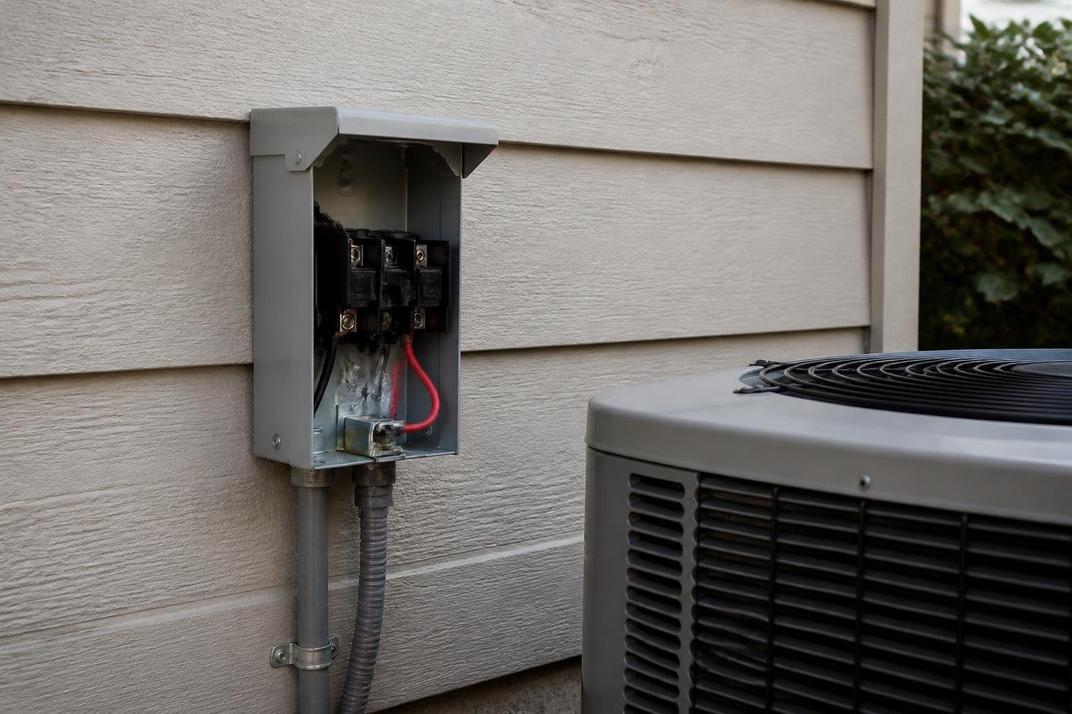 Close-up of an HVAC electrical disconnect box and wiring connections beside an outdoor condenser unit, daylight, no readable text, no brand logos, no people's faces