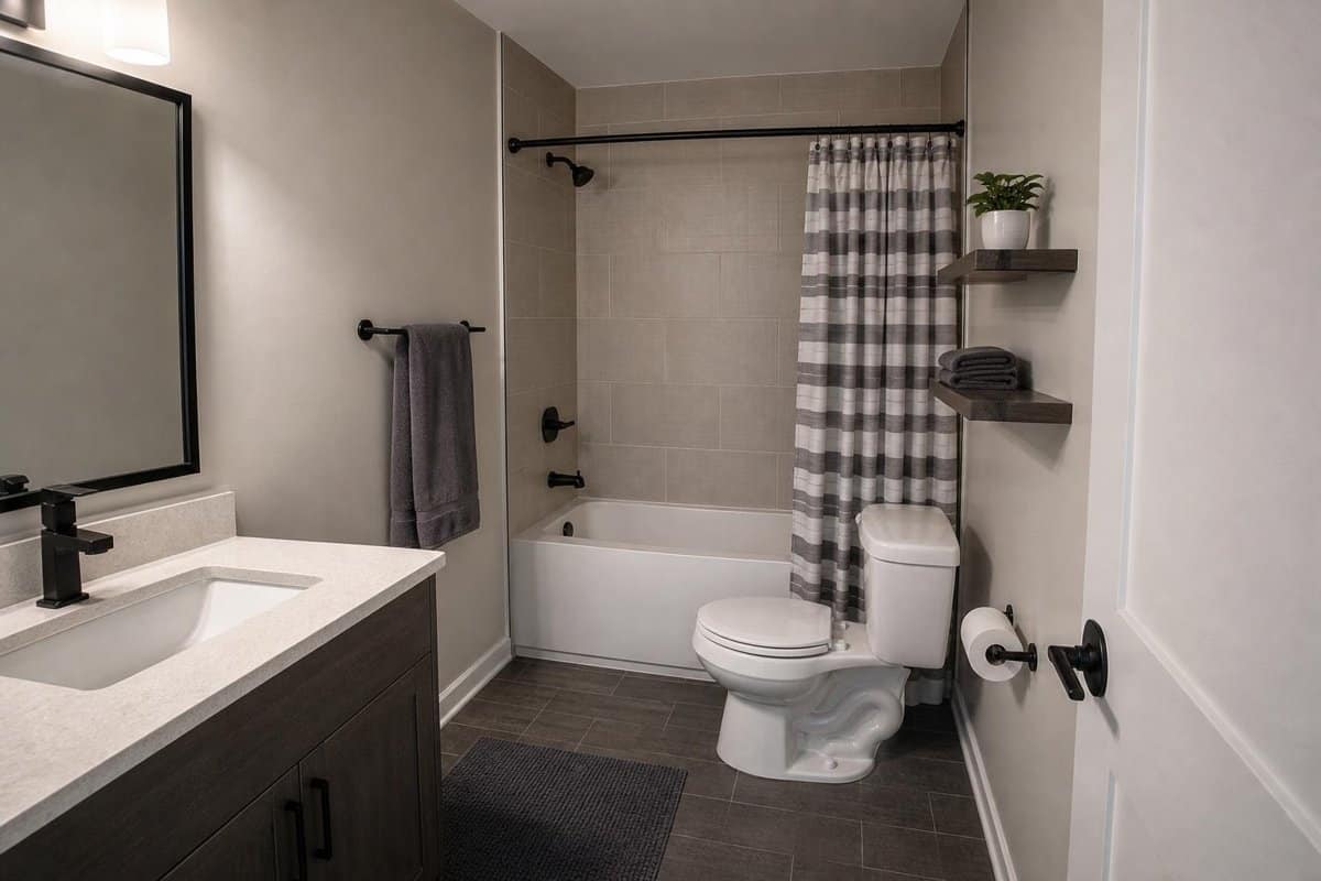 Bathroom with accessible toilet supply area