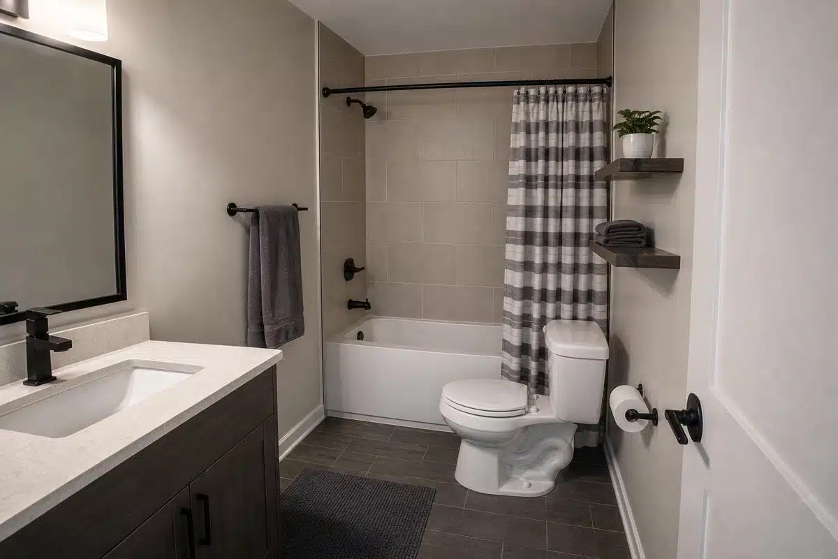 Bathroom with accessible toilet supply area