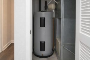 Water heater in a residential utility closet