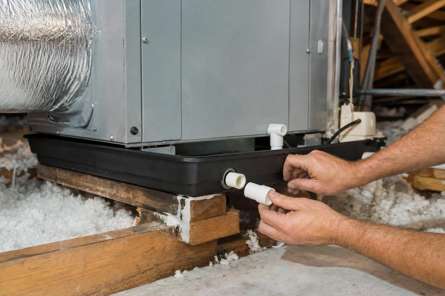 Condensate drain pan beneath an air handler showing standing water