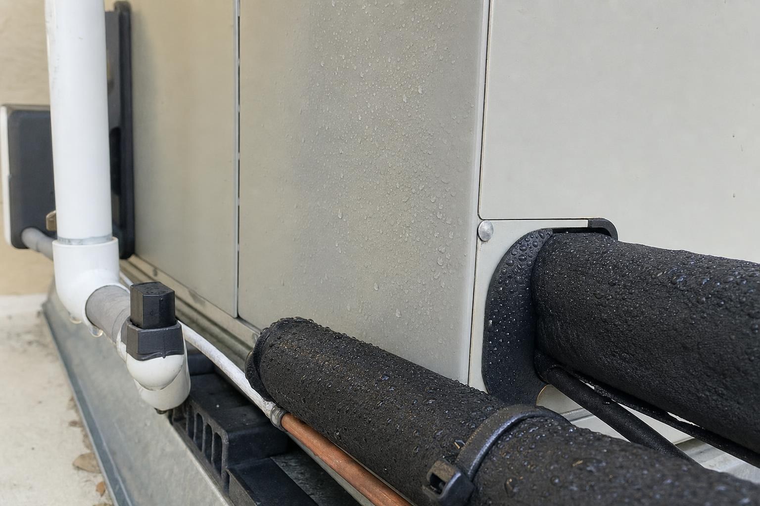 Air handler cabinet installed in a Florida attic with visible moisture on exterior panels