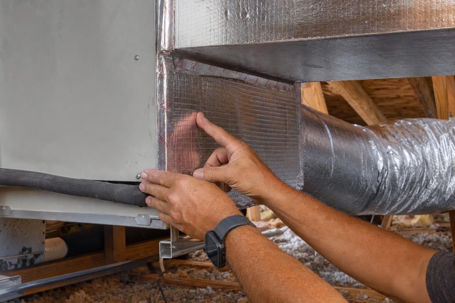 Technician inspecting return ductwork and air handler connections in a residential attic