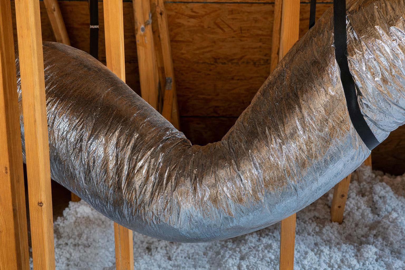 Flexible duct run in an attic showing a visible sag between two support straps