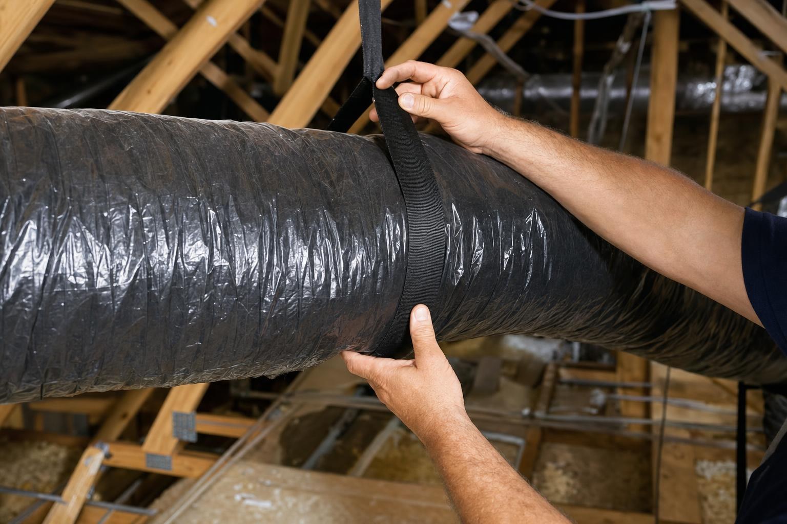 HVAC technician adjusting a support strap on a flexible duct run in an attic