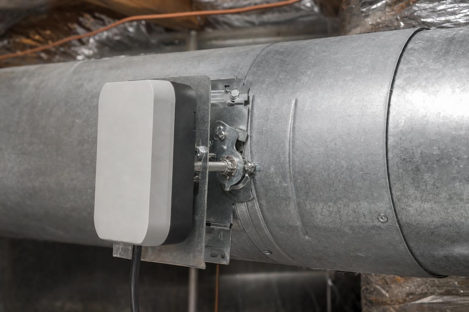 Rectangular motorized zone damper installed inside a sheet-metal supply duct in a Florida home