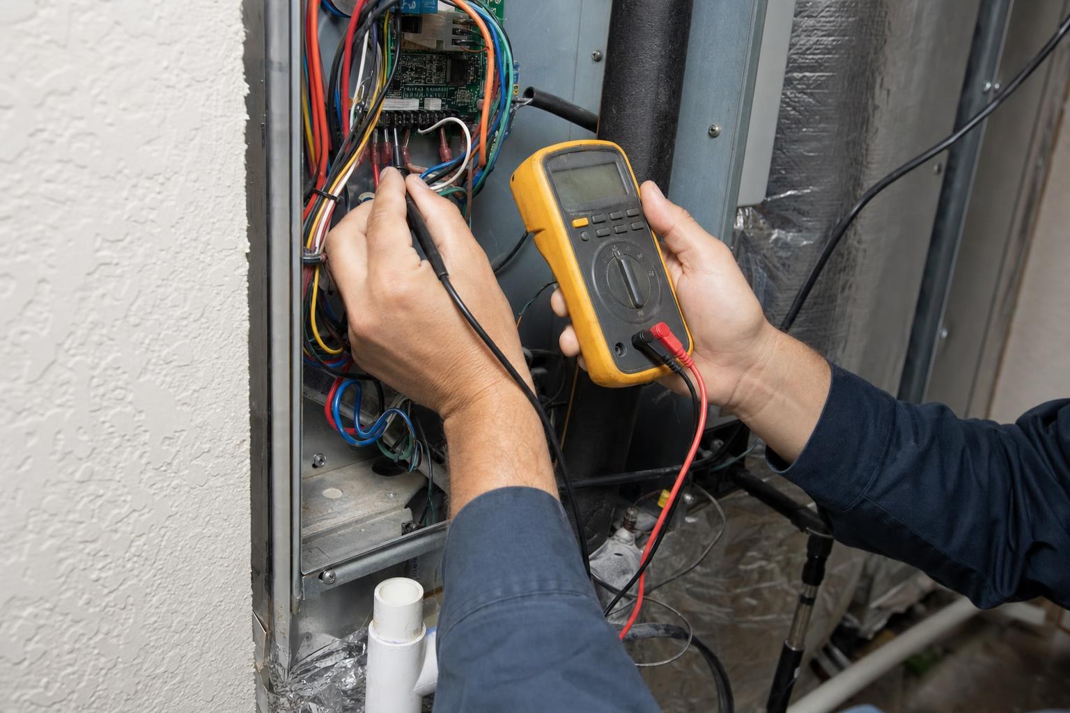 Technician testing voltage at thermostat wall plate terminals with a digital multimeter